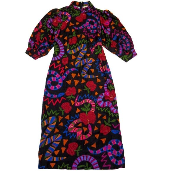 NWT FARM Rio Jungle Snake Fruit Midi in Black Apple Puff Sleeve Dress S $195